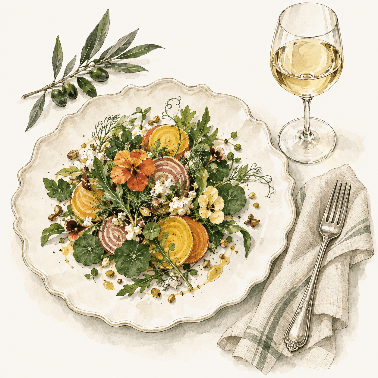 Hand-drawn watercolor of a seasonal salad on a scalloped plate, with herbs, linen, and a wine glass