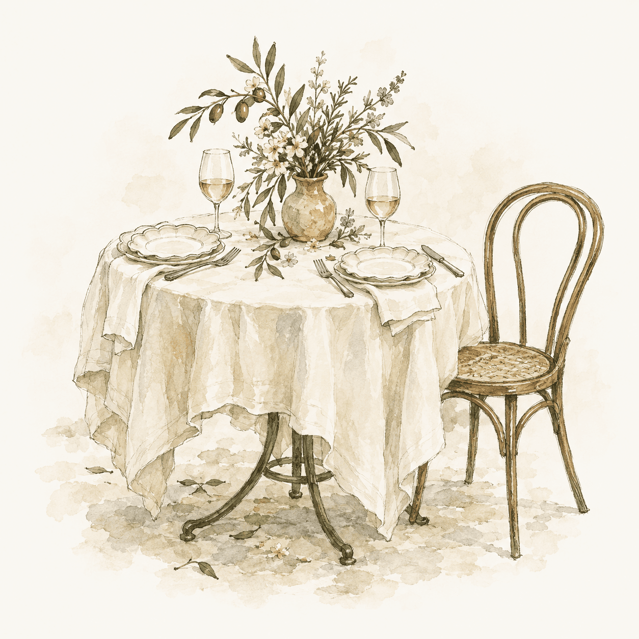 Hand-drawn watercolor of a linen-covered dining table with flowers, wine glasses, and a bentwood chair